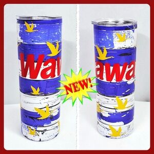 Wawa Goose Logo Skinny Tumbler 20oz Blue White Striped Stainless Travel Cup Lid